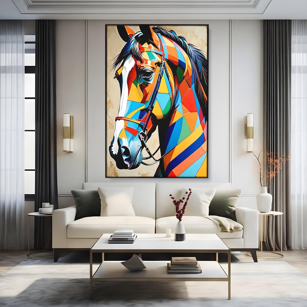 Tablou canvas cu tablou canvas cu armasar geometric colorat, in rama de aluminiu negru, pe perete intr-un living